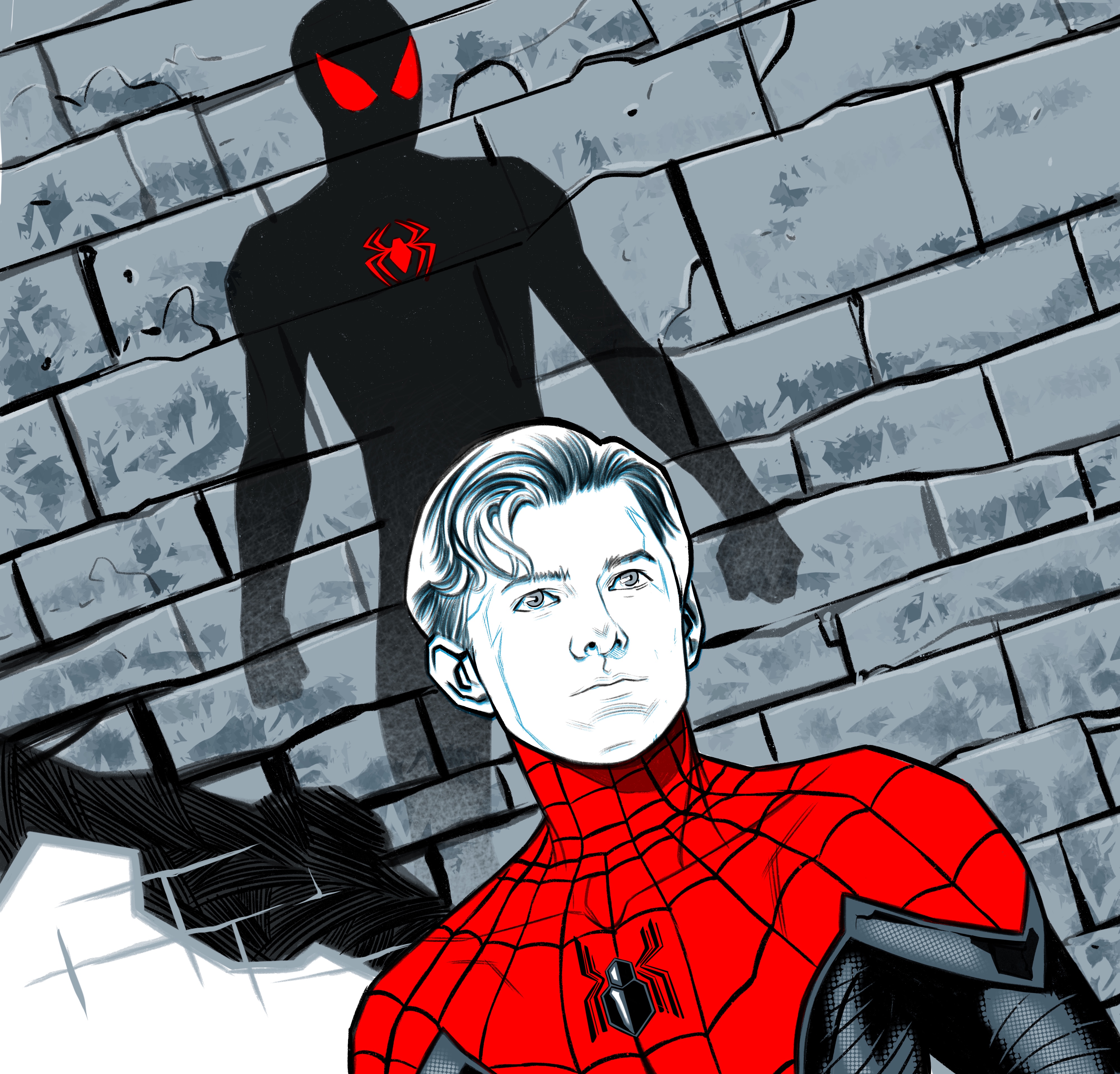 tom holland è ritratto da david messina mentre proietta la sua ombra a forma di spider-man sul muro - nerdface