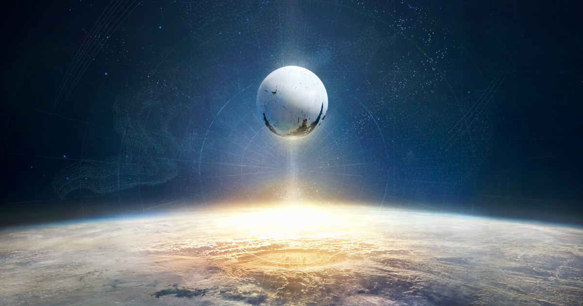 il logo di destiny in cui un satellite è sospeso sulla terra - nerdface