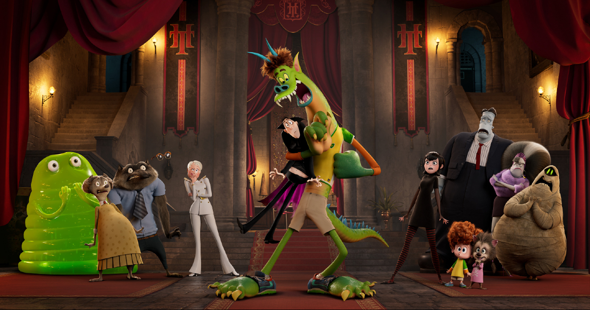 in hotel transylvania un mostruoso Jonathan abbraccia un incredulo e umano dracula - nerdface