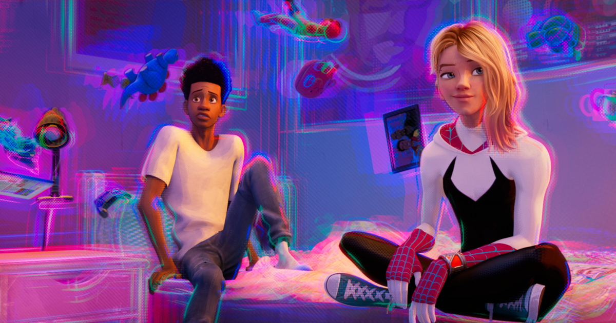 Miles Morales è nella sua stanza insieme a Gwen Stacey in Spider-Man: Across the Spider-Verse- nerdface