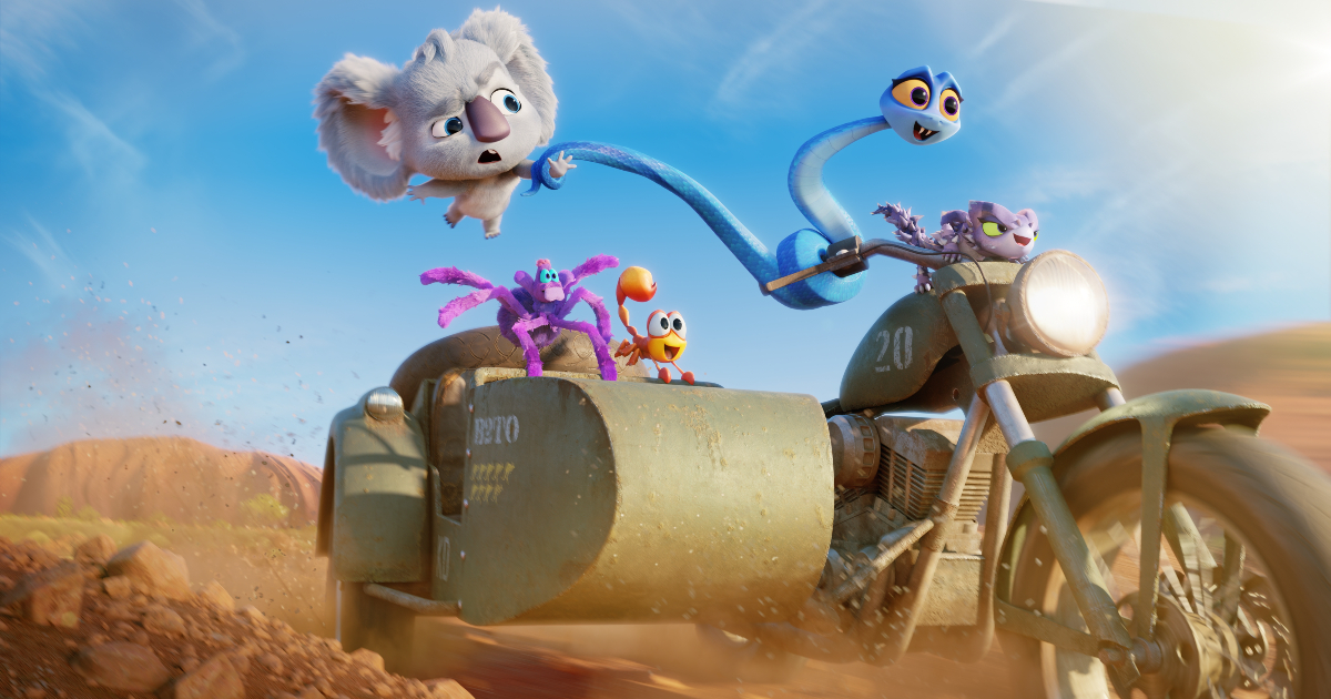 gli animali in fuga guidano un sidecar nel deserto in back to the outback - nerdface