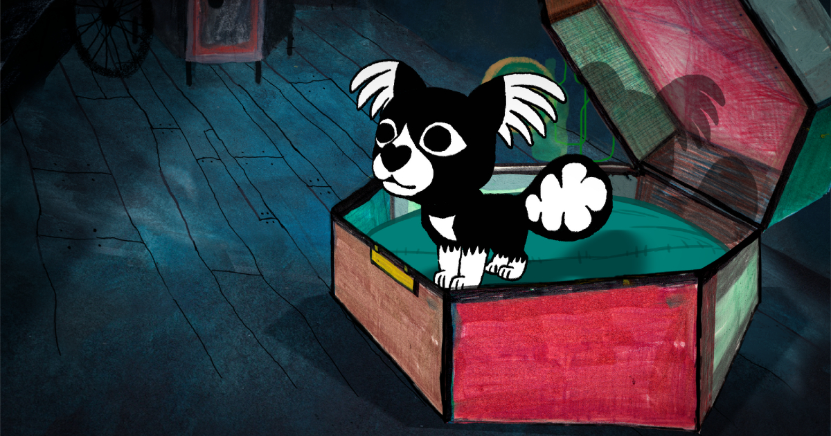 il piccolo cane è dentro una scatola aperta esagonale - nerdface