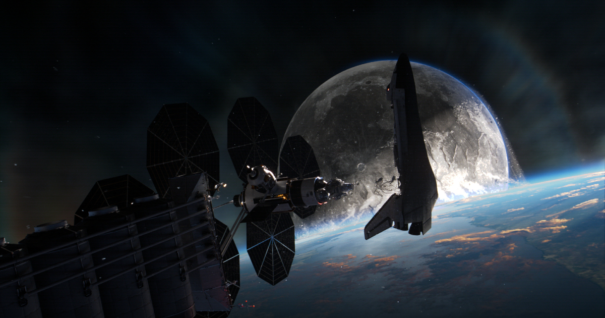 uno shuttle è in orbita attorna alla terra e in lontananza la luna sembra minacciosa - nerdface
