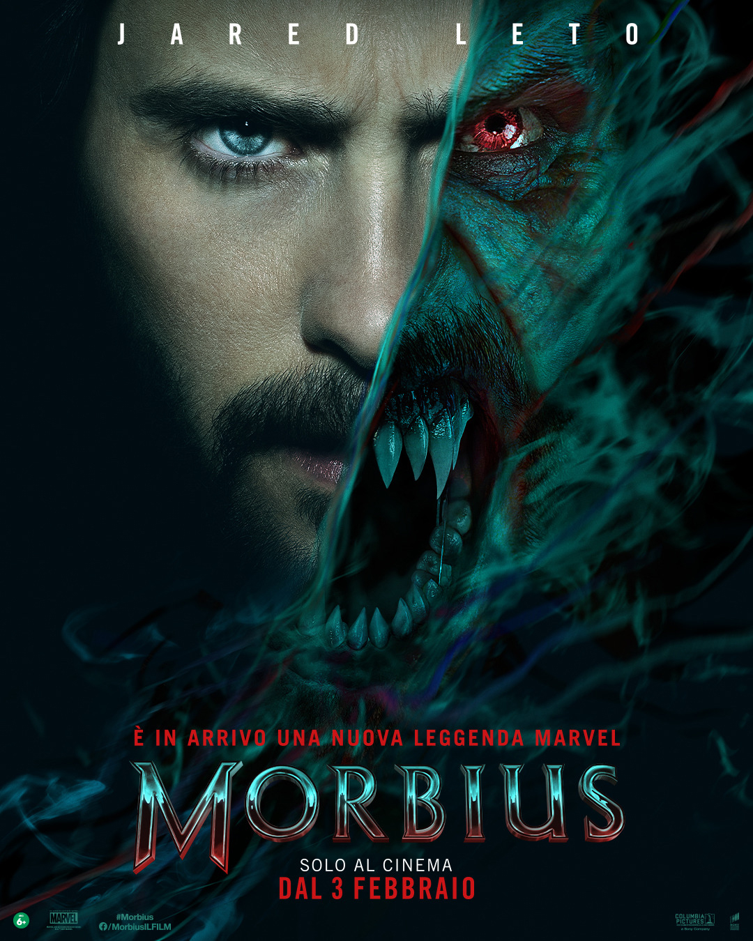 In primo piano i due volti di Morbius, quello umano e quello del vampiro - nerdface