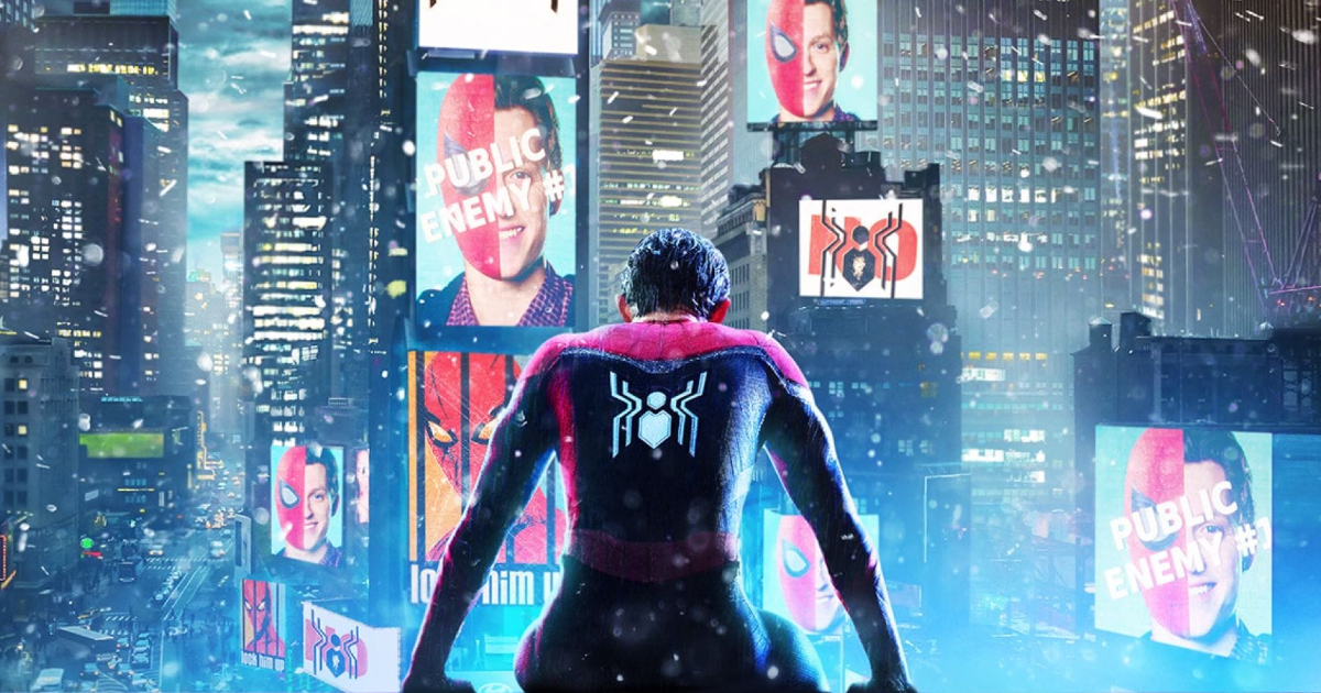 spider-man di spalle sembra sconsolato mentre guarda i grattacieli sui quali è proiettata la sua vera identità svelata in no way home - nerdface
