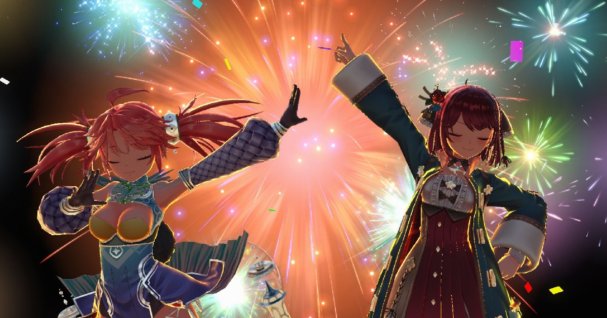 due ragazze di atelier sophie 2 con sullo sfondo dei fuochi d'artificio - nerdface