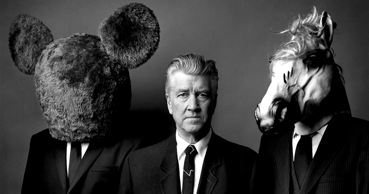 david lynch in posa accanto a due uomini con la testa di topo e di cavallo - nerdface