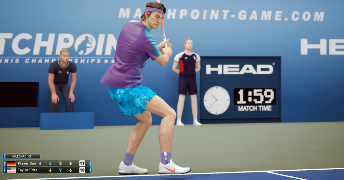 un giocatore di matchpoint tennis championships si appresta a ribattere una palla - nerdface