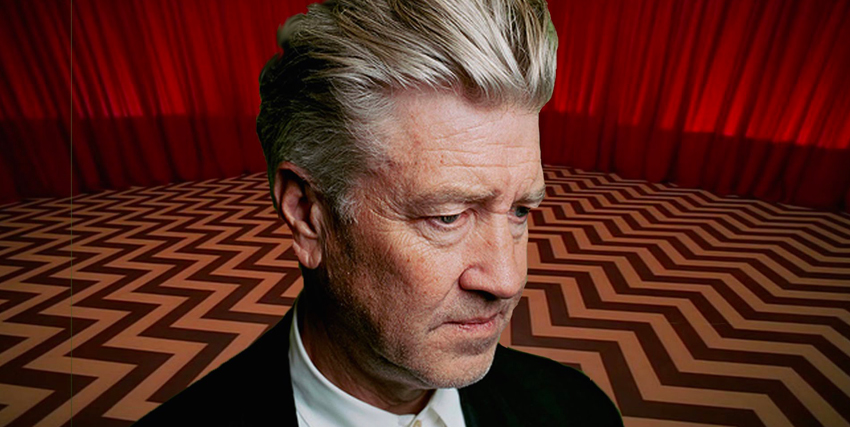 david lynch sul set di twin peaks, col pavimento bianco e nero e il sipario rosso - nerdface