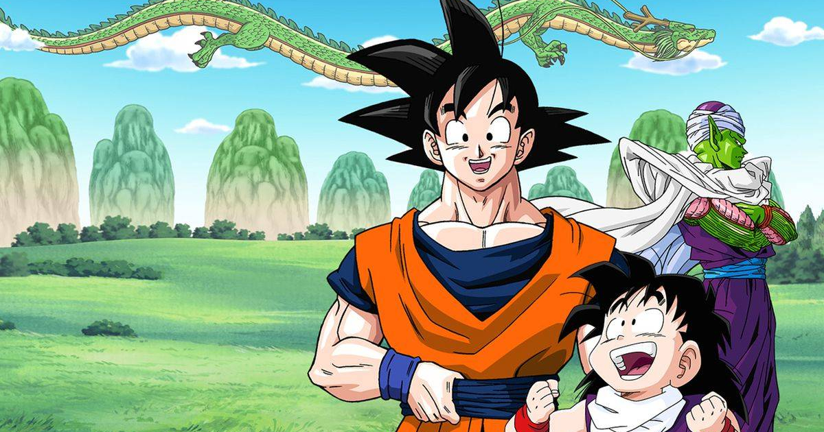 goku, gohan e piccolo mentre sullo sfondo vola il drago delle sette sfere in dragon ball z - nerdface