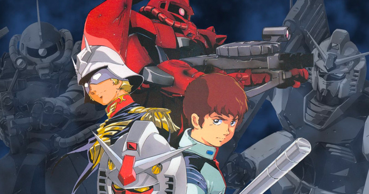 i due protagonisti di gundam davanti ai mobile suit diversi - nerdface