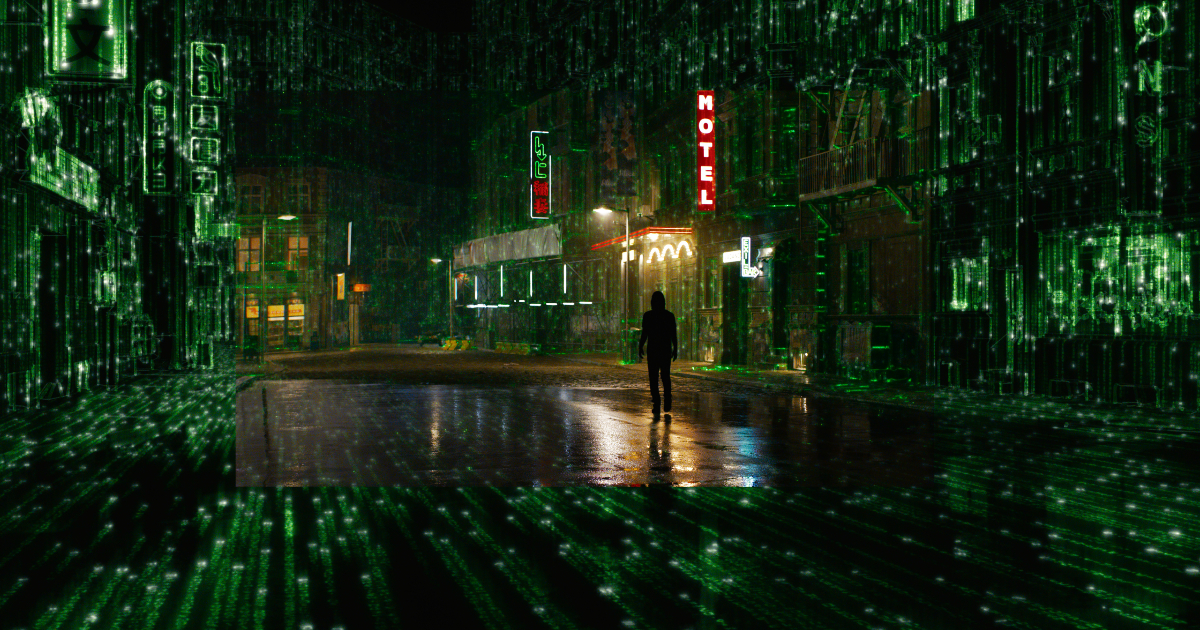 neo cammina per una strada e tutto intorno a lui assume i profili dei codici verdi della matrice - nerdface
