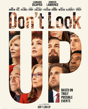 il poster del film mostra i volti del cast dentro la scritta dont look up - nerdface