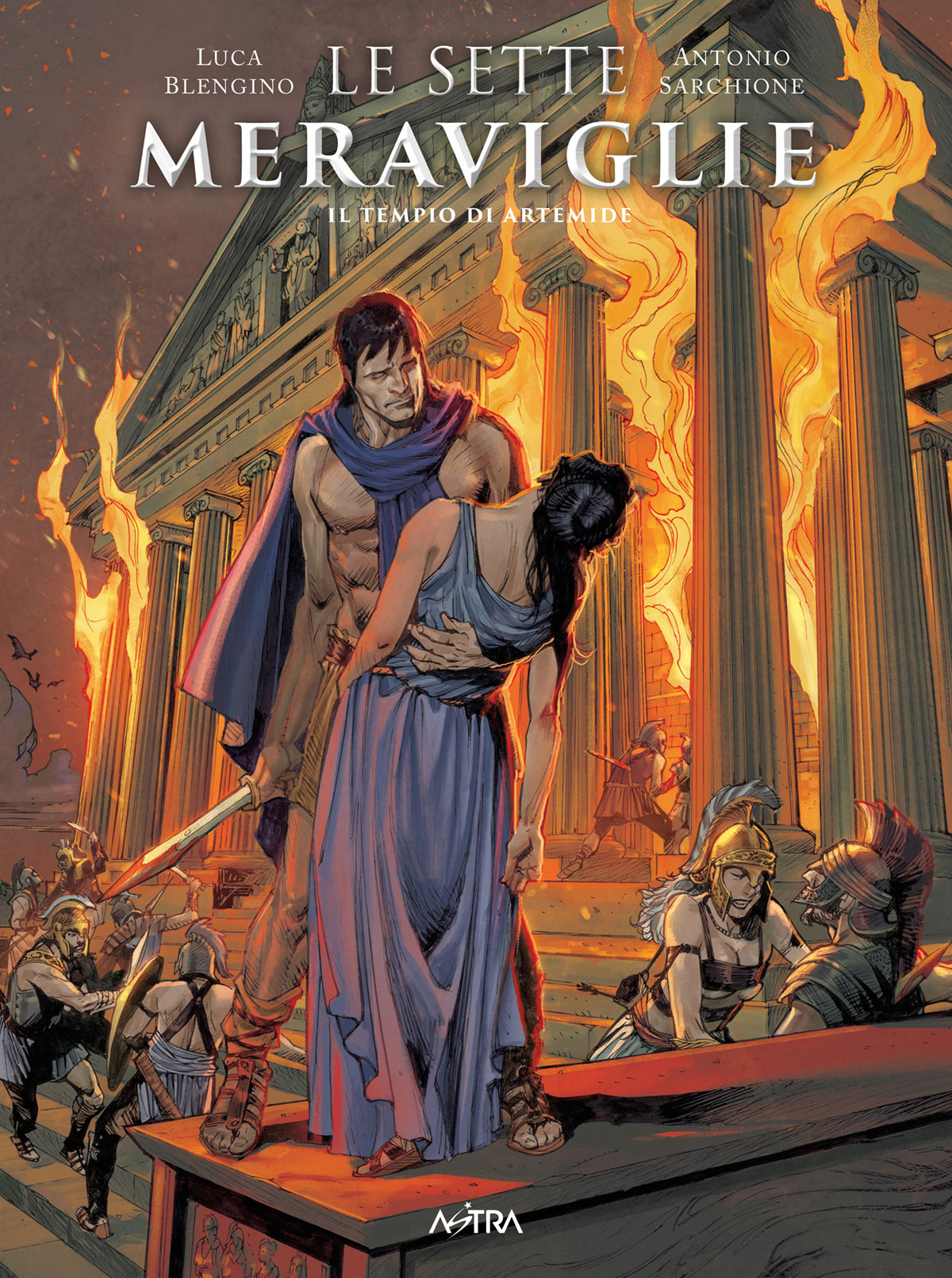 la copertina delle sette meraviglie mostra un uomo che tiene una donna priva di sensi sullo sfondo di un tempio in fiamme- nerdface