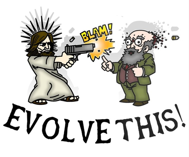 la celebre vignetta in cui gesù spara in testa a darwin e dice evolve this - nerdface