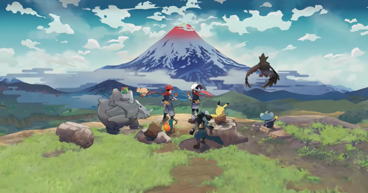 i due protagonisti e alcuni pokemon sono davanti un vulcano - nerdface