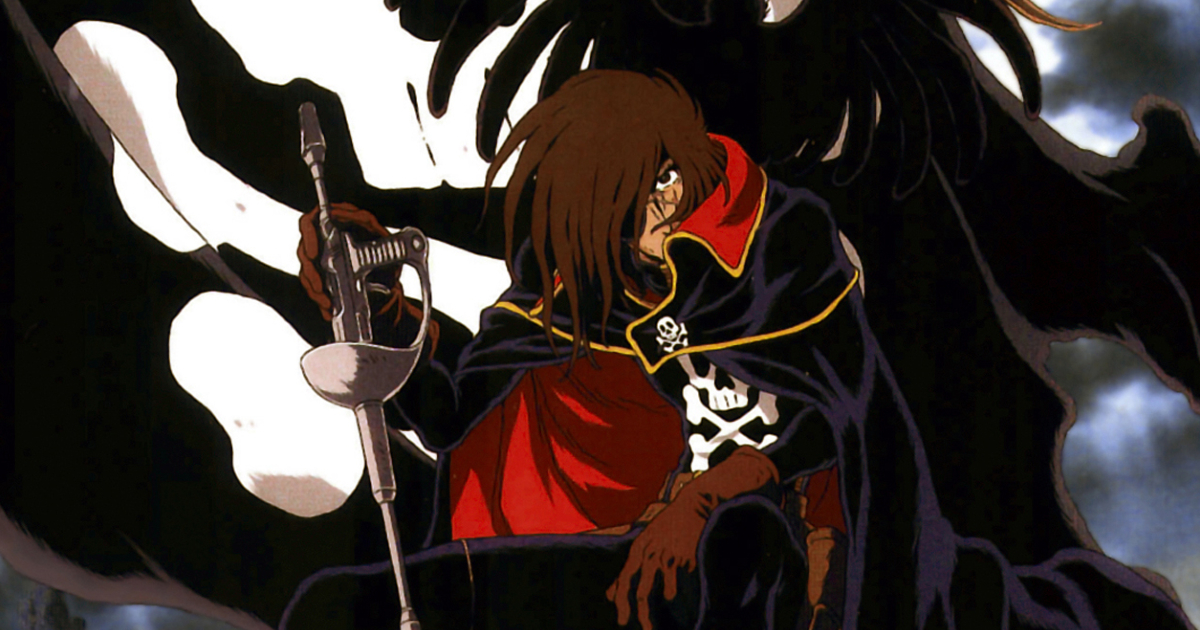 capitan harlock si sostiene sulla sua spada mentre diewtro di lui sventola il jolly roger - nerdface