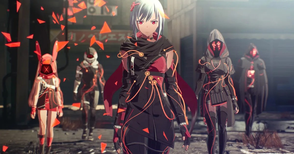 La protagonista di scarlet nexus vestita di nero con dietro degli altri oscuri figuri - nerdface