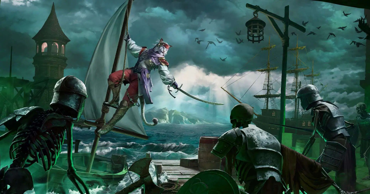 un khajiit affronta degli scheletri su una nave nel primo dlc de l'eredità dei bretoni - nerdface