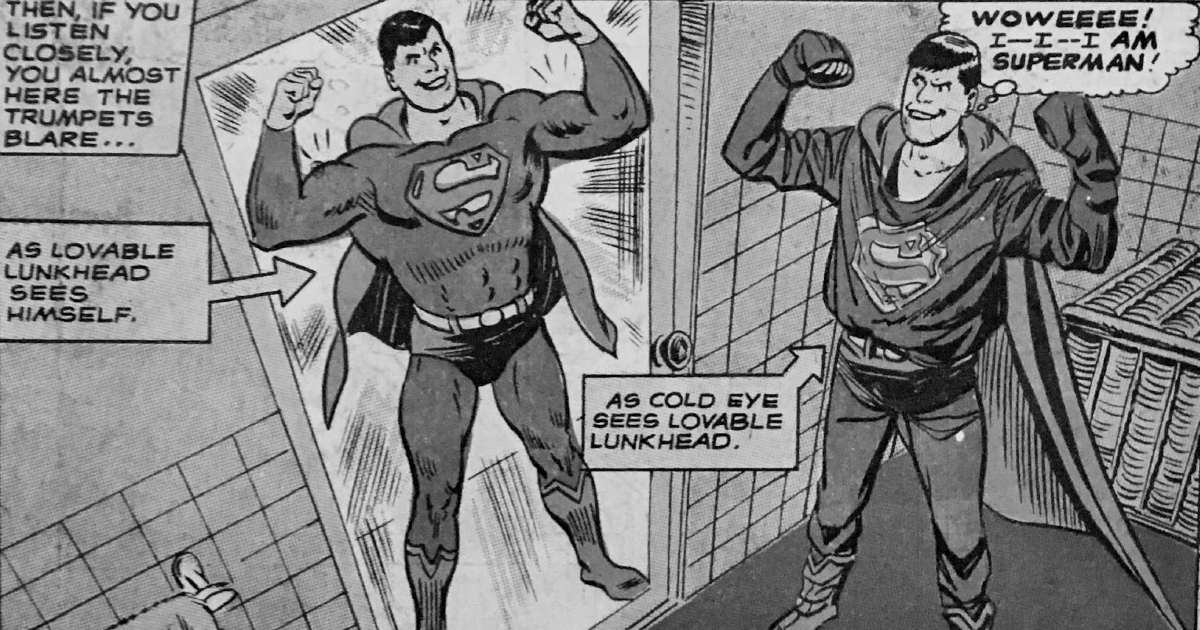 nel fumetto dc comics jerry lewis indossa il costume di superman e si vede muscoloso allo specchio - nerdface