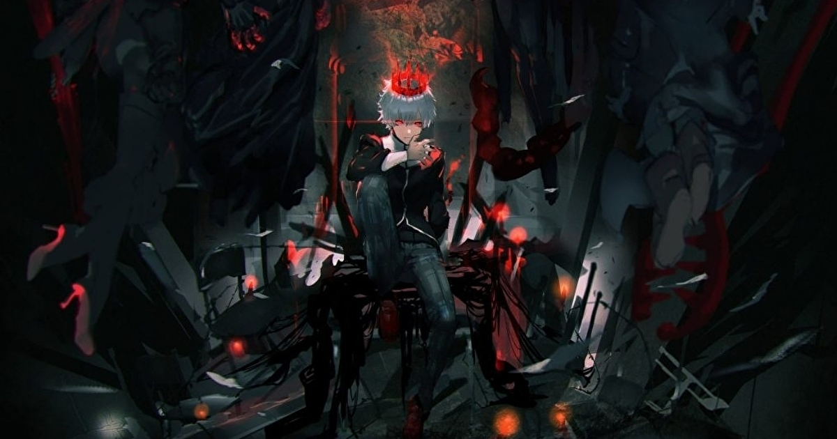 un ragazzo dagli occhi rossi e capelli bianchi è seduto su un trono nerissimo - nerdface