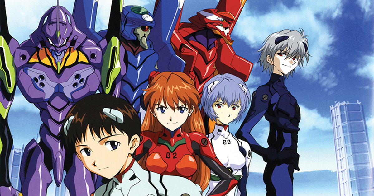 i vari piloti degli eva davanti i robot di neon genesis evangelion - nerdface
