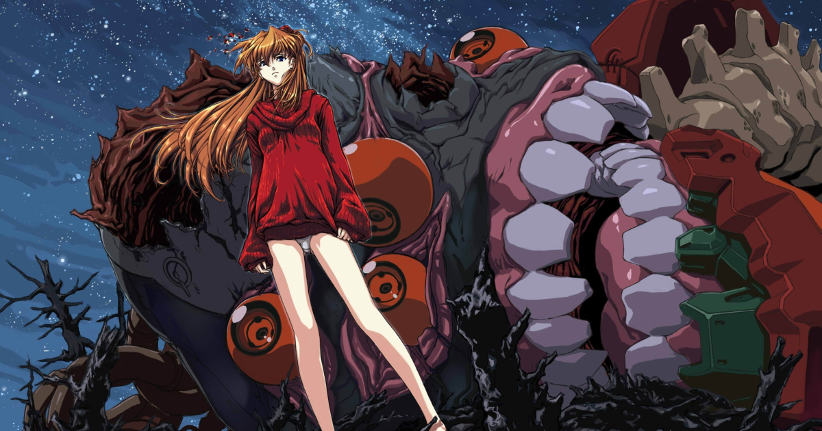 una donna col vestito sollevato davanti il corpo di un angelo morto a terra in neon genesis evangelion - nerdface