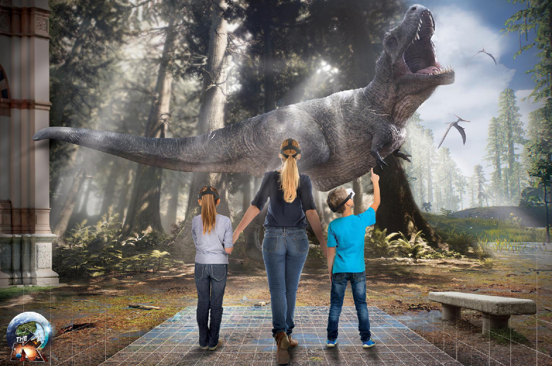 una madre con due bambini cammina in un ambiente vortuale alla cui fine c'è un dinosauro - nerdface