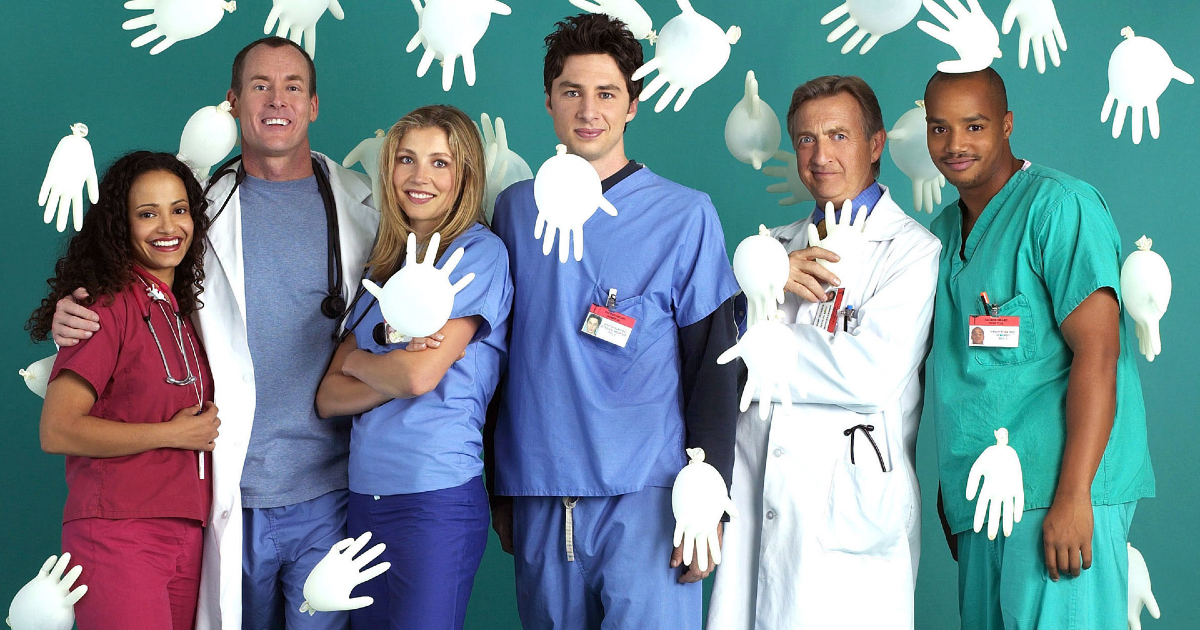 il cast di scrubs sotto una pioggia di guanti di lattice gonfiati come palloncini - nerdface