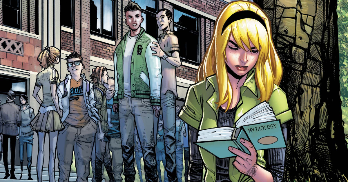 gwen stacy sotto un albero legge un libro, mentre è osservata da diversi uomini - nerdface