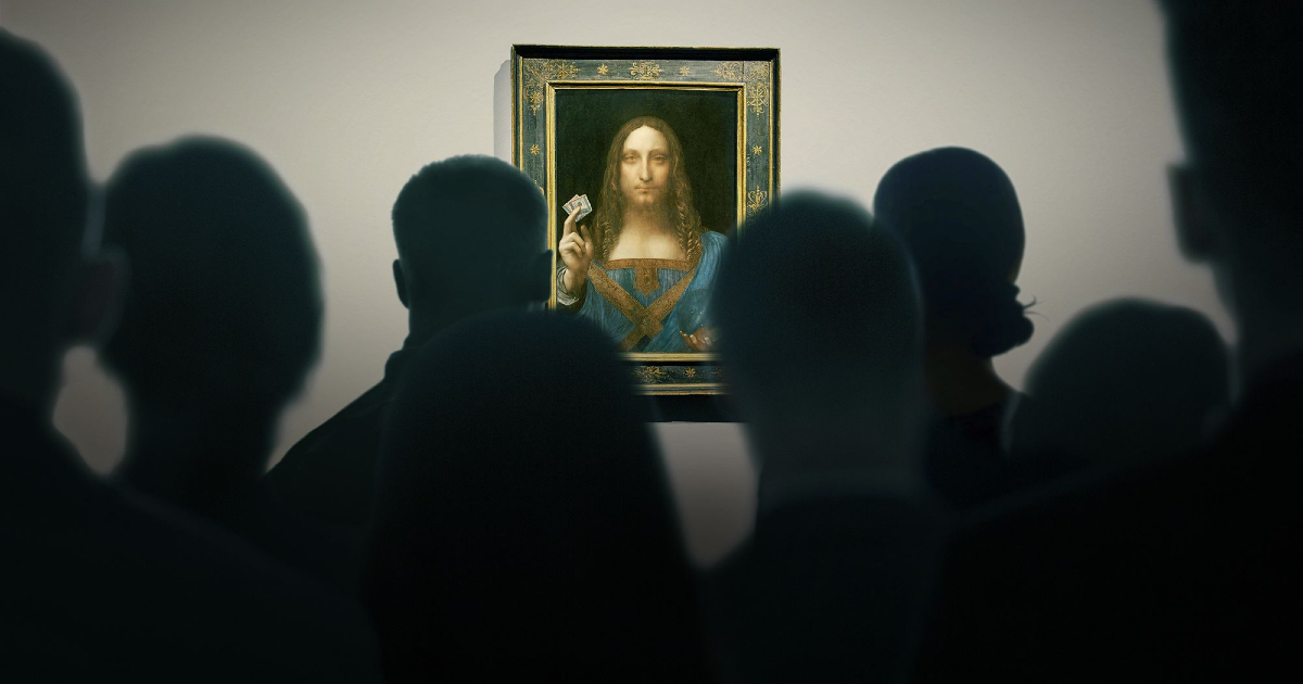 un folla di spalle osserva il salvator mundi - nerdface