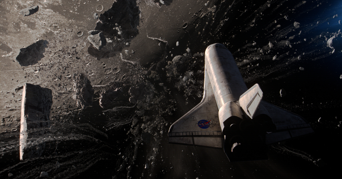 uno shuttle affronta una tempesta di asteroidi - nerdface