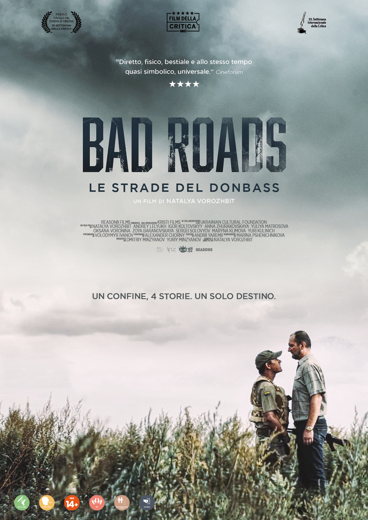 un soldato e un civile si guardano nel poster di bad roads le strade del dombass - nerdface