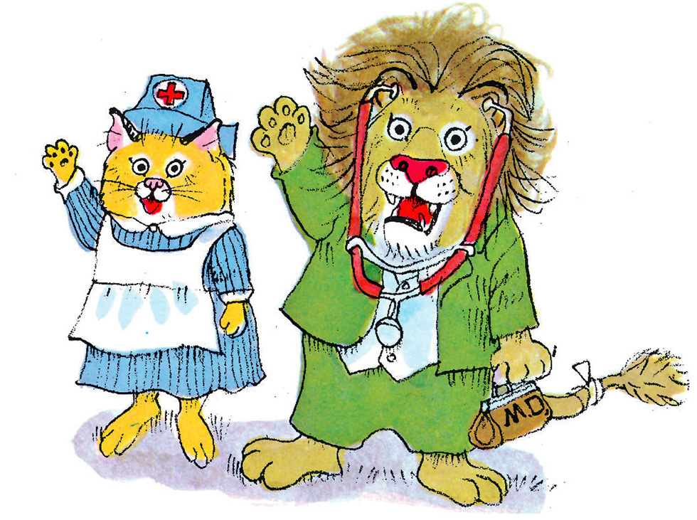 un leone medico e una leonessa infermiera salutano, forse anche il loro creatore richard scarry - nerdface