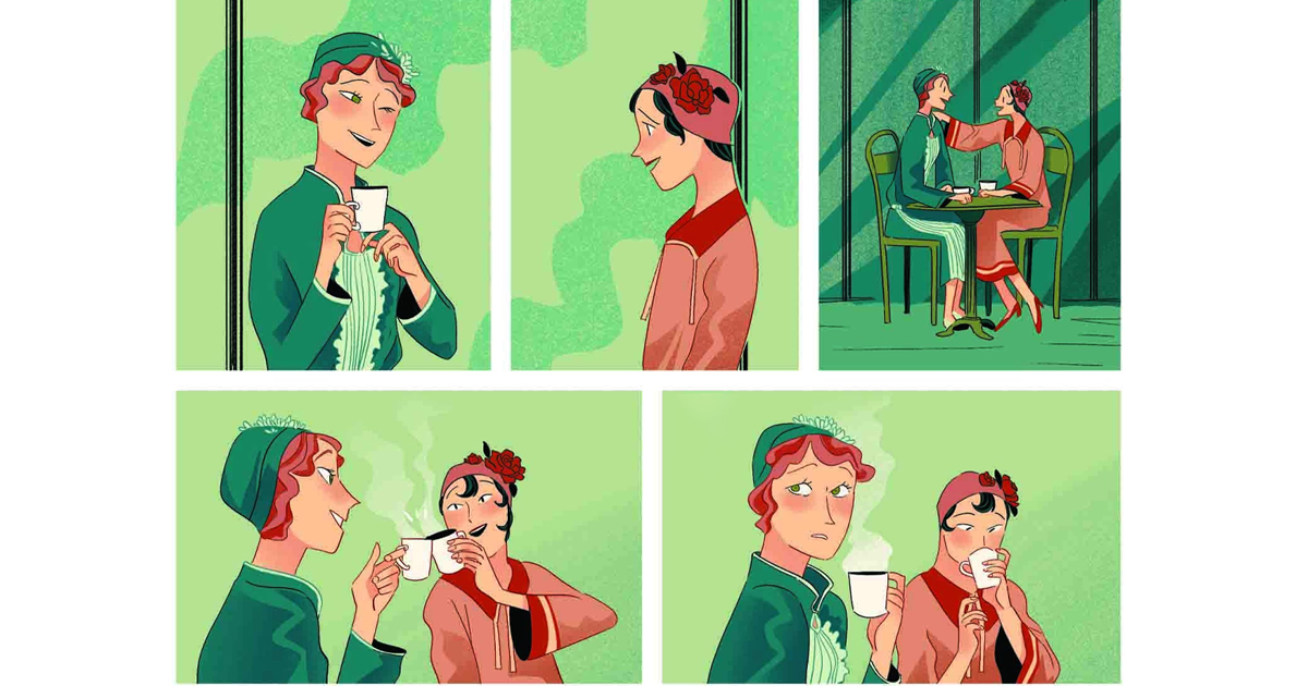 i personaggi di Le Jardin Paris bevono un caffè - nerdface