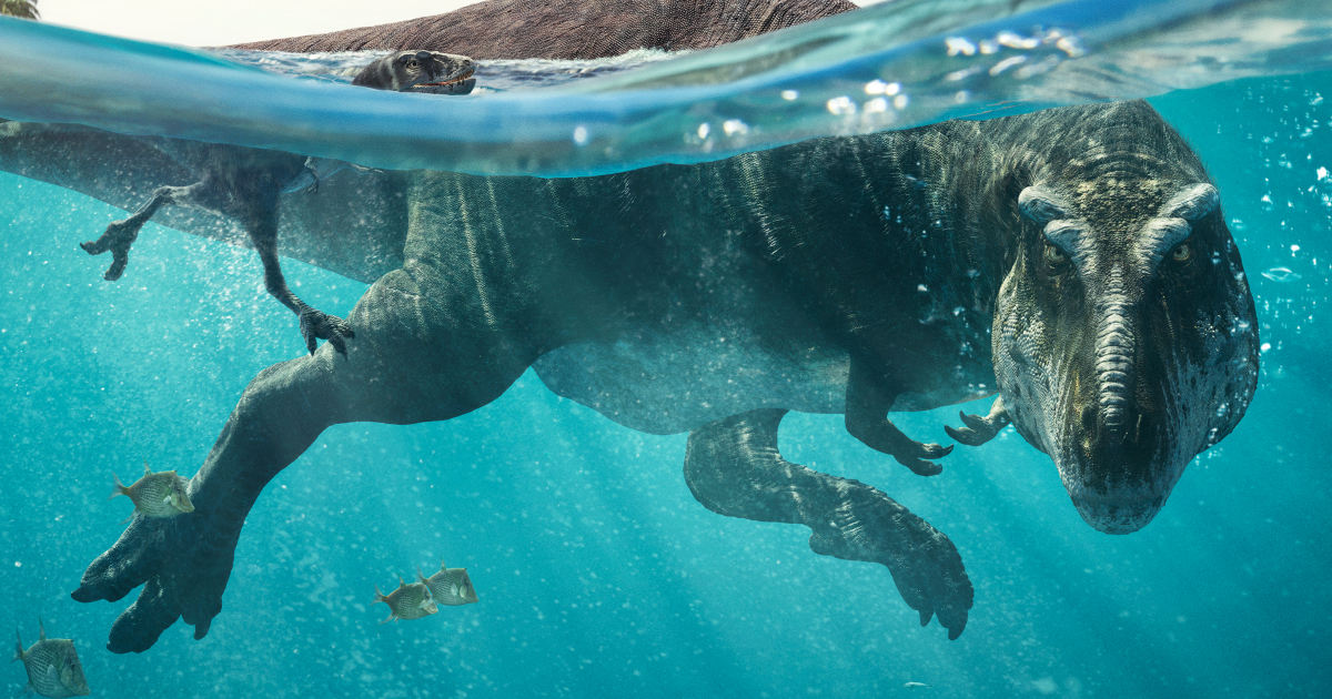 un dinosauro nuota in un'immagine promozionae de il pianeta preistorico - nerdface