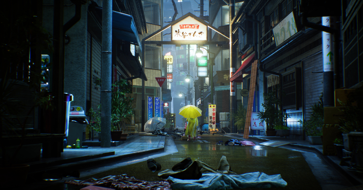in una tokyo deserta si vede in lontananza una figura con un ombrello giallo - nerdface