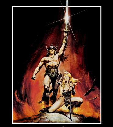 il manifesto originale mostra conan con la spada in alto e sotto di lui una guerriera bionda pronta a scattare - nerdface