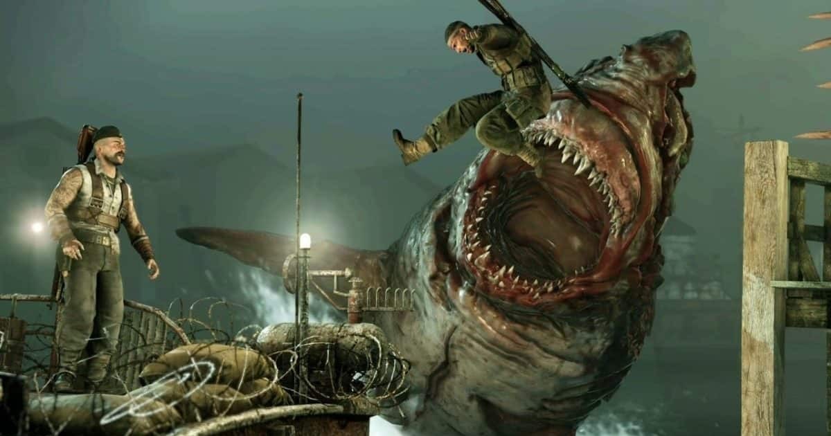 Un uomo salta dal molo a una barca cercando di evitare il morso di un enorme squalo zombie - nerdface