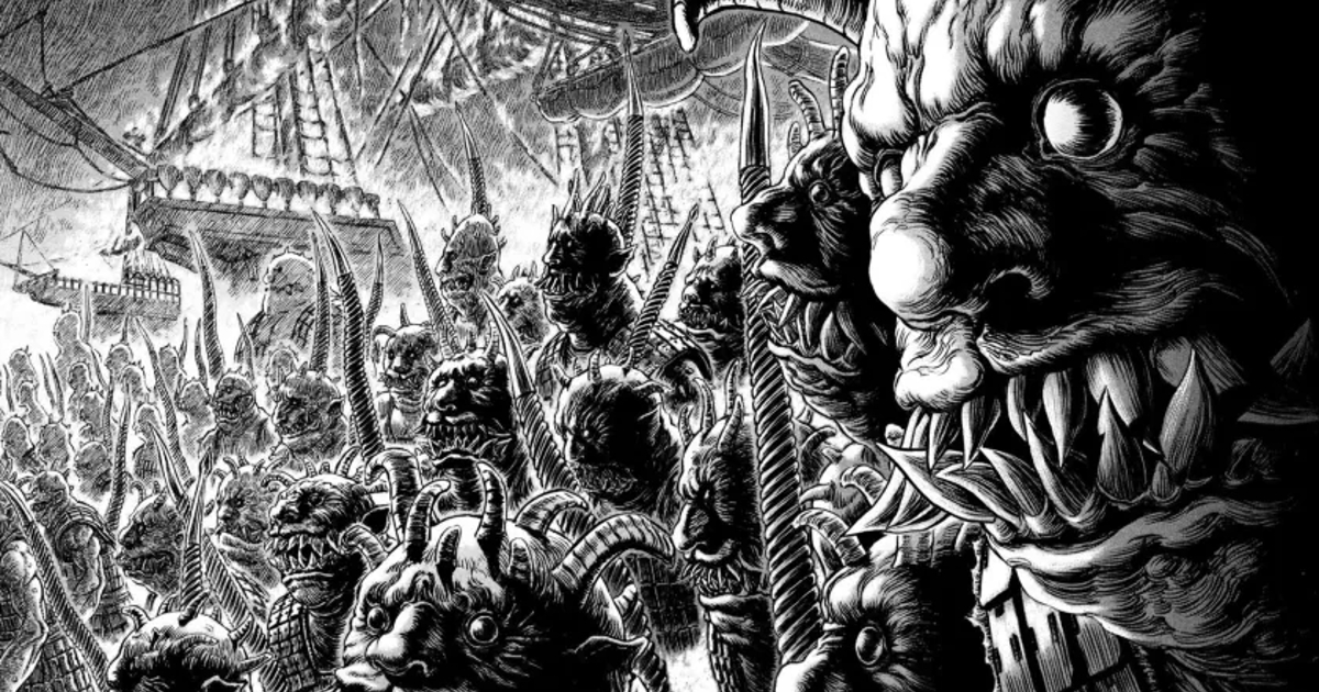 un esercito di mostri è sceso da una serie di navi in pieno stile kentaro miura - nerdface