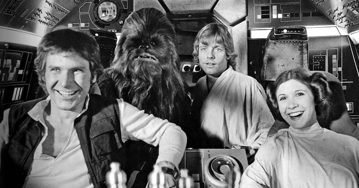 han solo, la principessa leila, chewbacca e luke skywalker ridono a bordo del falcon - nerdface