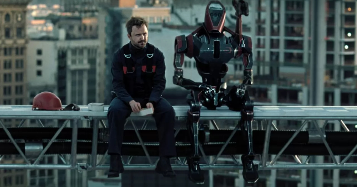 un uomo e un androide sono seduti su una trave sospesa nel vuoto - nerdface