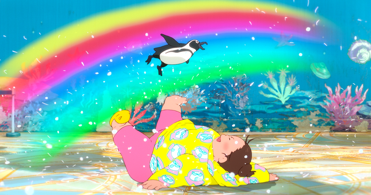 nikuko a terra gioca con un pinguno che vola lungo un arcobaleno - nerdface