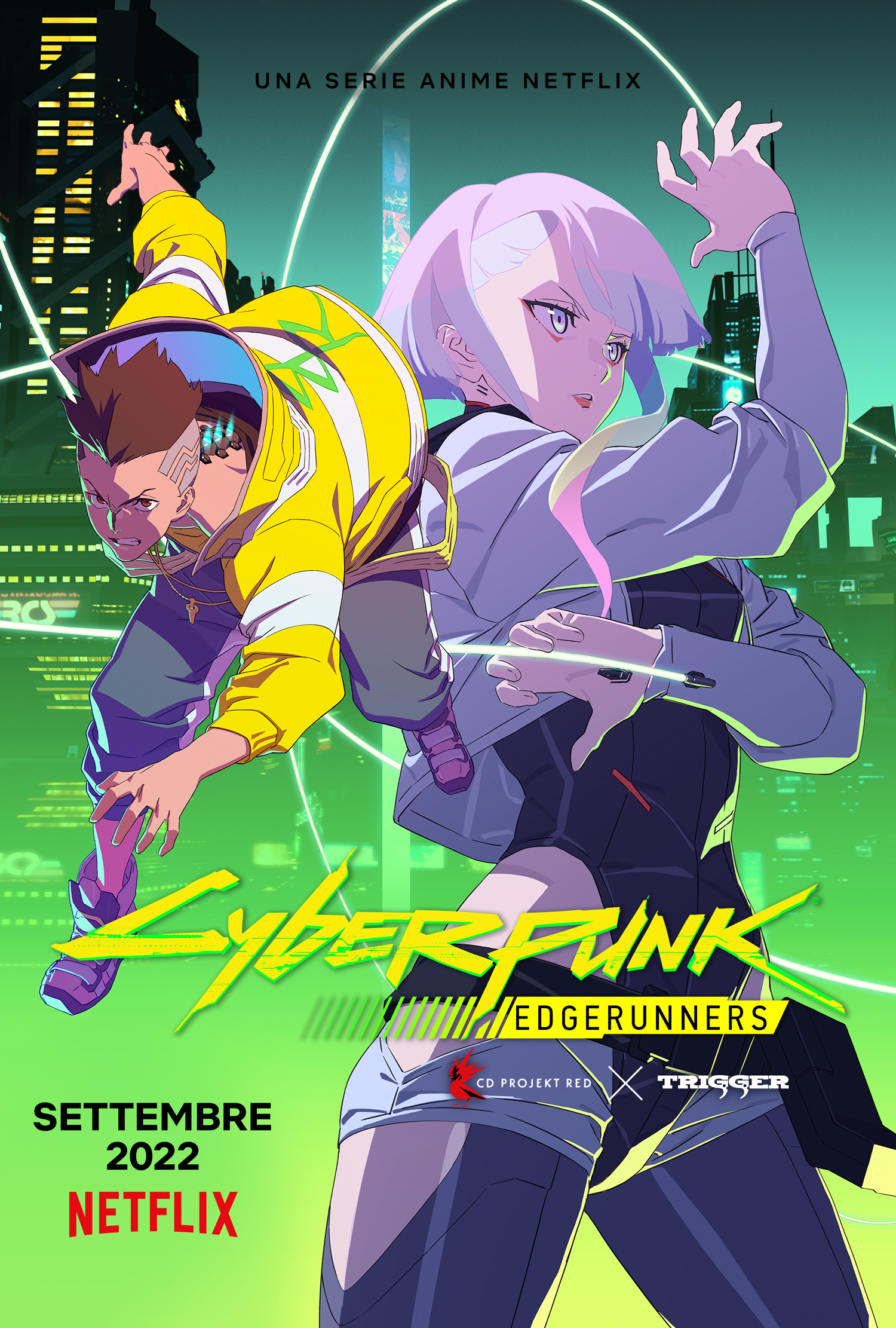 due personaggi di cyberpunk edgerunners nel poster della serie animata - nerdface