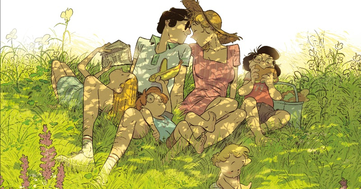 la famiglia si riposa all'ombra nella cover di un'estate fa - nerdface