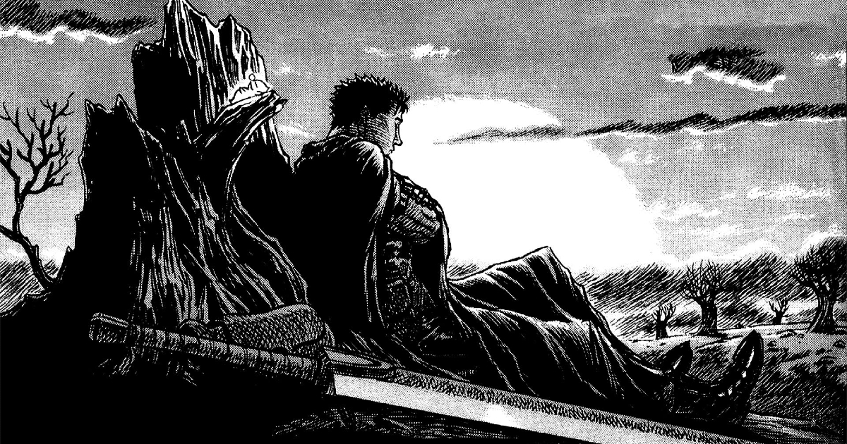 Guts è appoggiato ad un tronco in un pannello di Berserk - nerdface