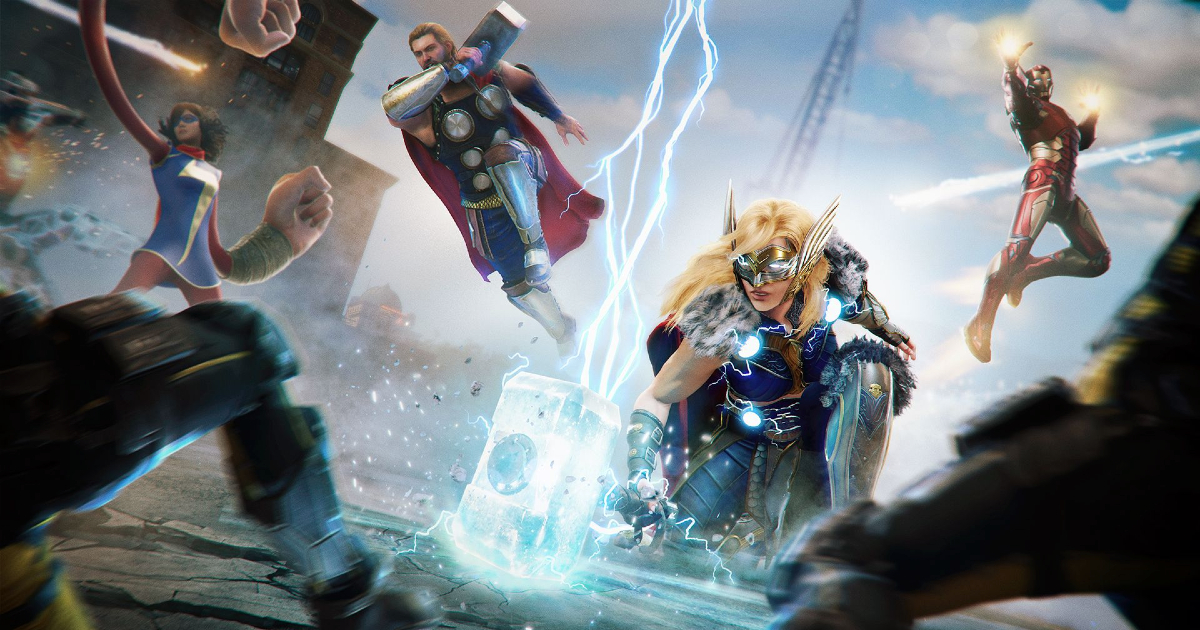 la thor di jane foster, thor, iron man e ms marvel in posa plastica durante un combattimento - nerdface