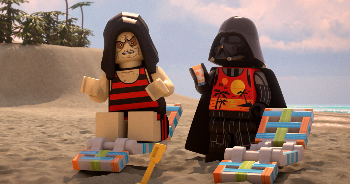 palpatine e darth vader sono in spiaggia e in costume in un'immagine tratta dal trailer di LEGO Star Wars summer vacation - nerdface