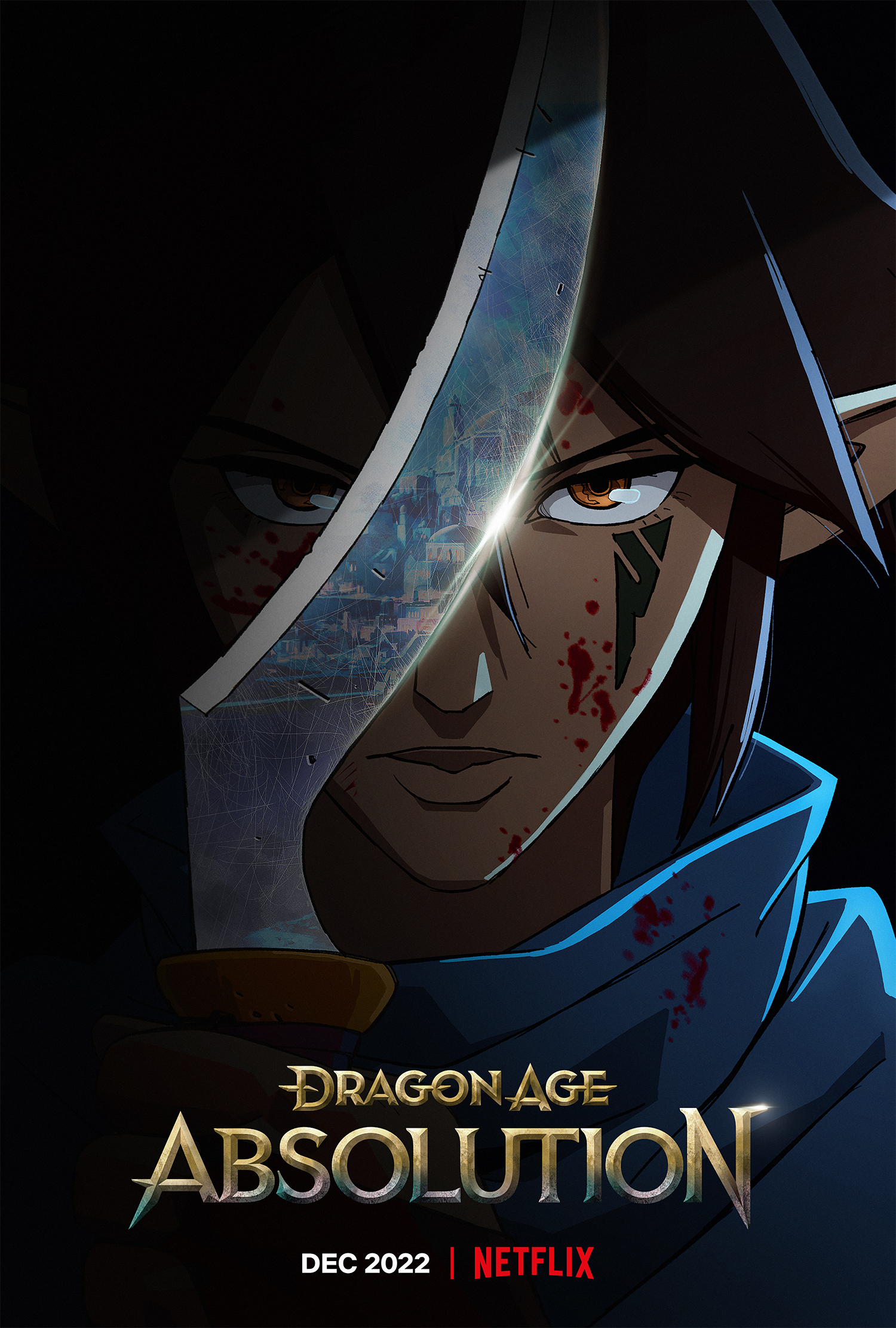la key art di dragon age absolution mostra un ragazzo coperto a metà dalla lama di una spada - nerdface