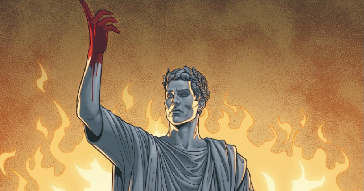 Una statua con la mano insanguinata e con dietro un terribile incendio - nerdface